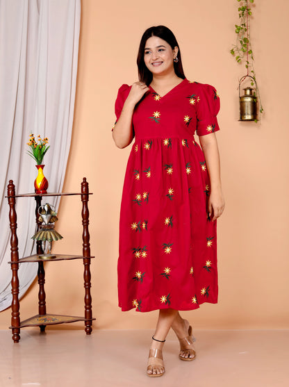 Women Red Cotton Embroidery Middi Gown