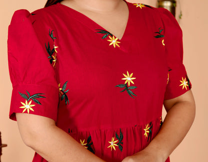Women Red Cotton Embroidery Middi Gown