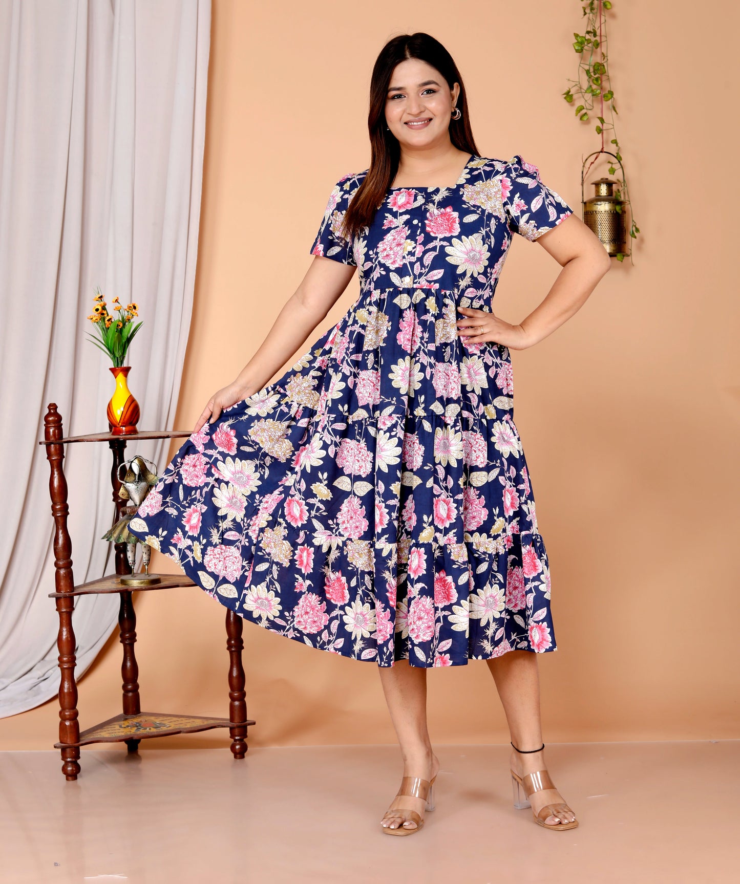 Women Blue Floral Cotton Middi Gown