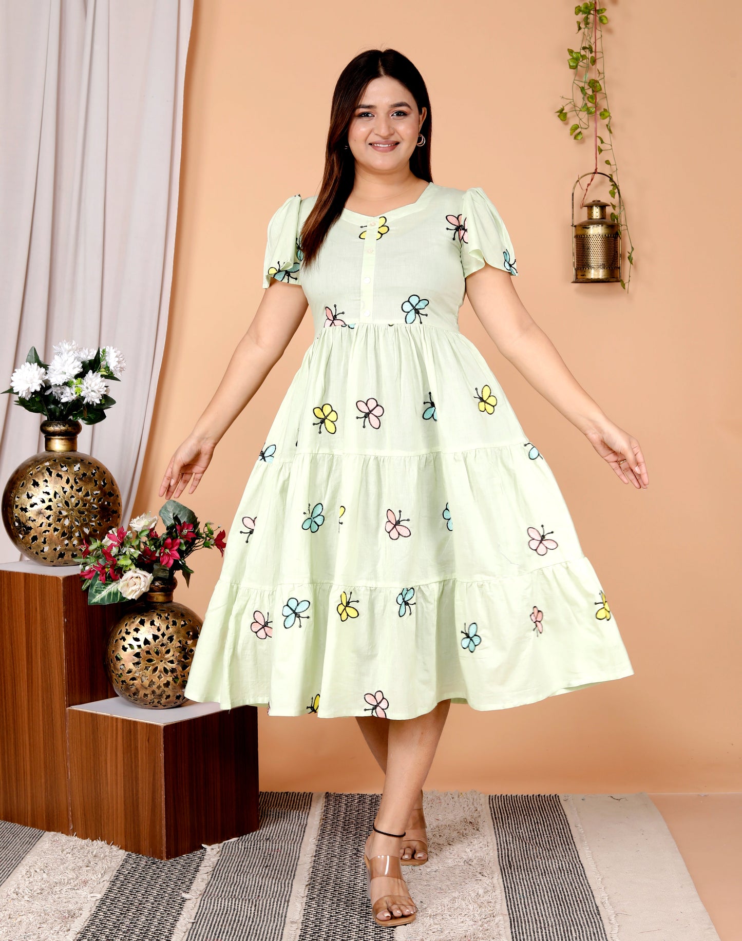 Women Cotton Green Embroidery Middy Gown