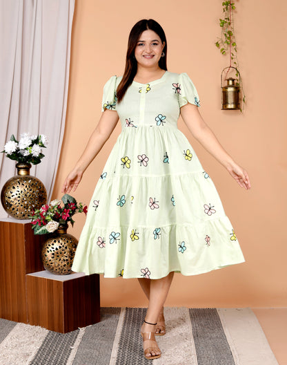 Women Cotton Green Embroidery Middy Gown