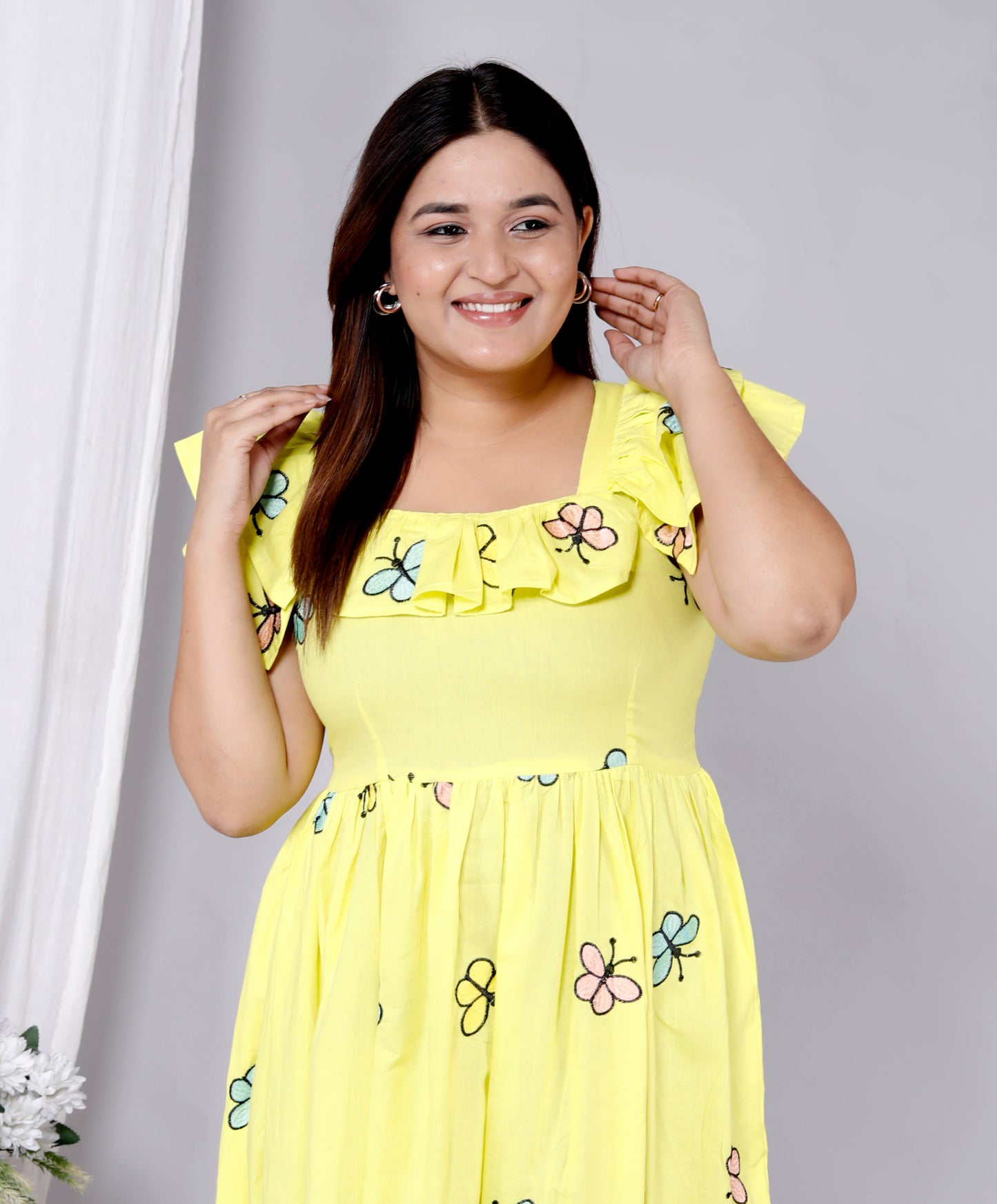 Women Yellow Cotton Embroidery Middi Gown