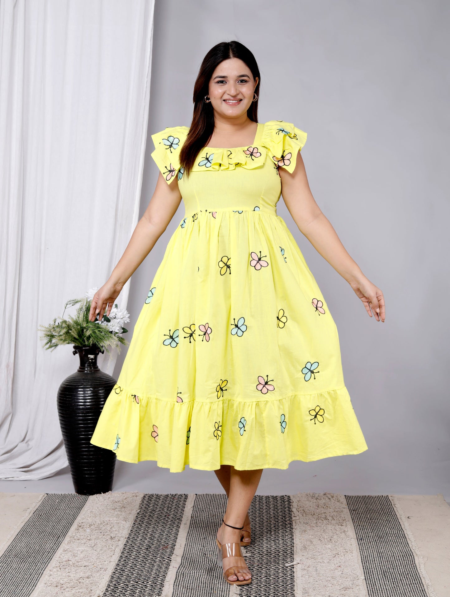 Women Yellow Cotton Embroidery Middi Gown