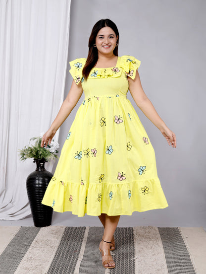 Women Yellow Cotton Embroidery Middi Gown
