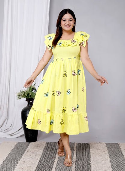 Women Yellow Cotton Embroidery Middi Gown