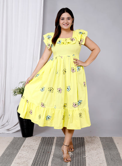 Women Yellow Cotton Embroidery Middi Gown