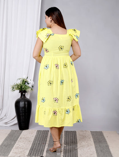 Women Yellow Cotton Embroidery Middi Gown