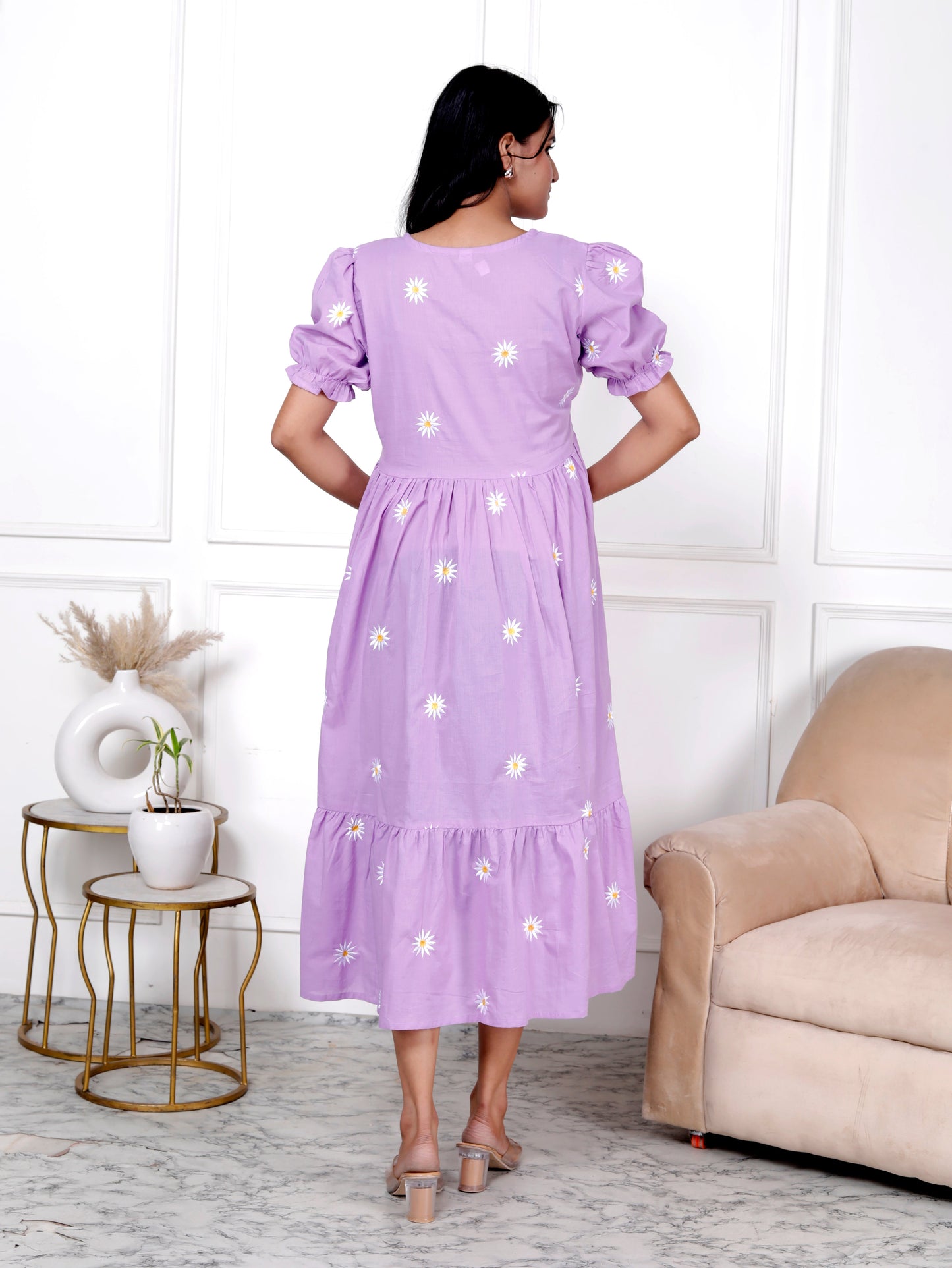 Women Lavender Cotton Embroidery Dazy Middi Gown