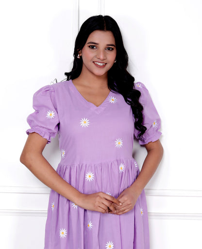 Women Lavender Cotton Embroidery Dazy Middi Gown