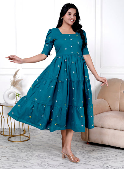 women Cotton Petrol Blue Embroidery Small Flowers Middi Gown