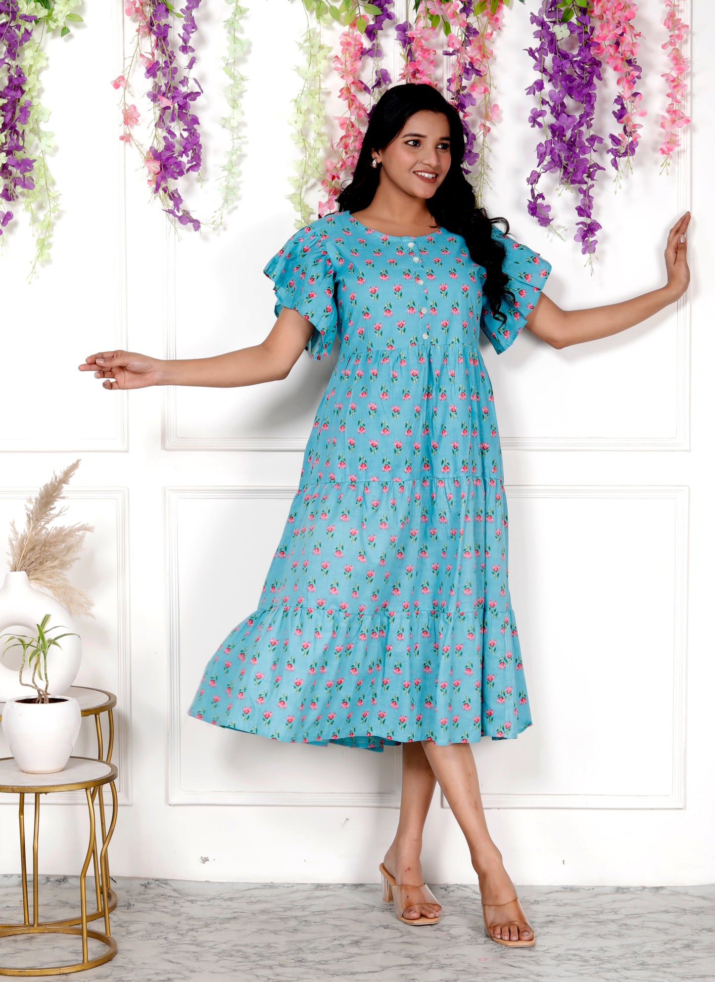 Women Blue Printed Cotton Middy Gown