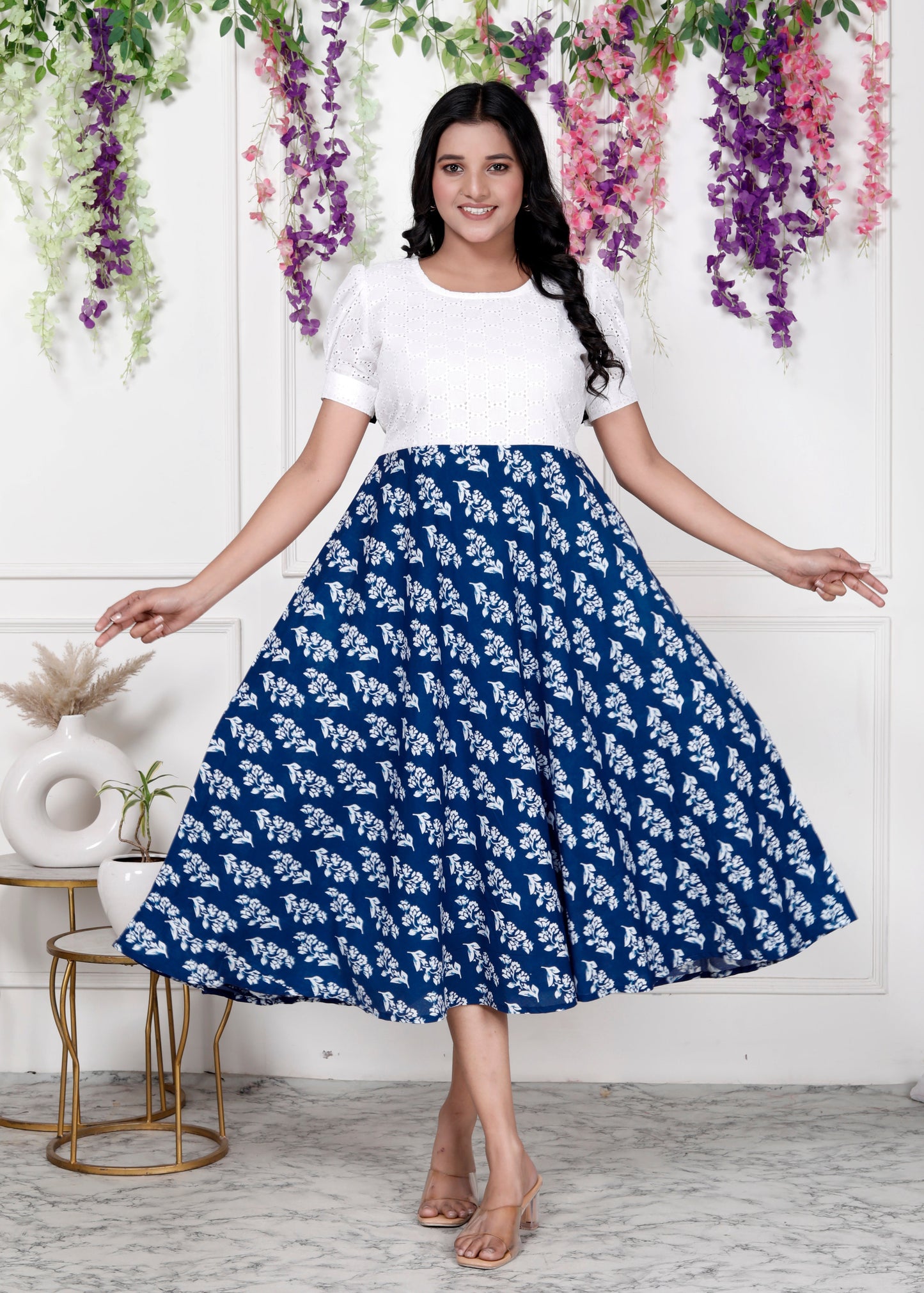 Women Schifli Blue Floral Cotton Middi Gown