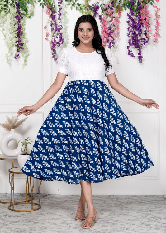 Women Schifli Blue Floral Cotton Middi Gown
