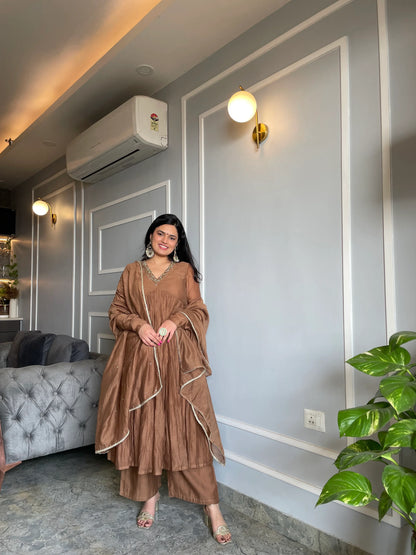 Golden/Muted-Brown Mul Cotton Anarkali with Churi Sleeves Set of 3