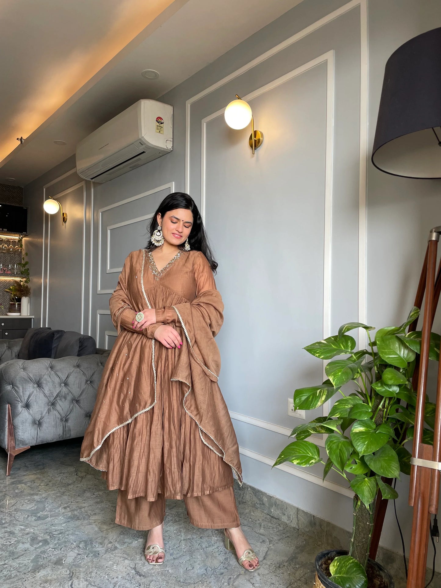 Golden/Muted-Brown Mul Cotton Anarkali with Churi Sleeves Set of 3