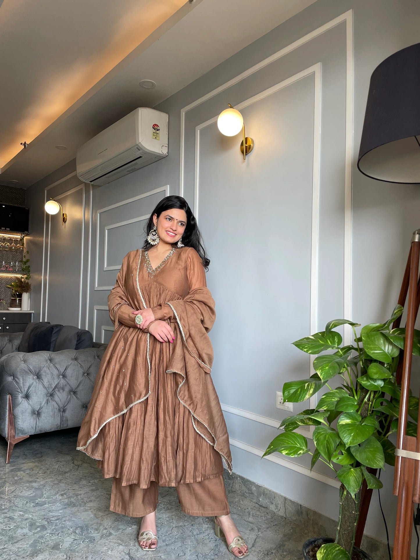 Golden/Muted-Brown Mul Cotton Anarkali with Churi Sleeves Set of 3