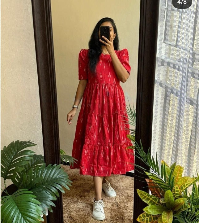 Women Cotton Red Printed Middi Gown