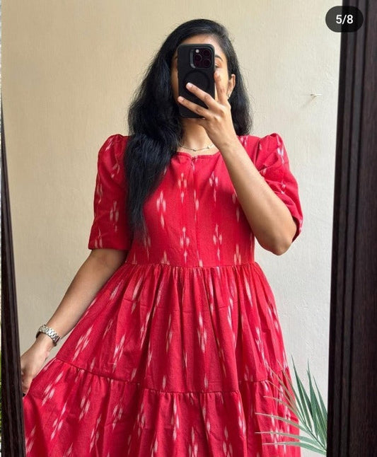 Women Cotton Red Printed Middi Gown