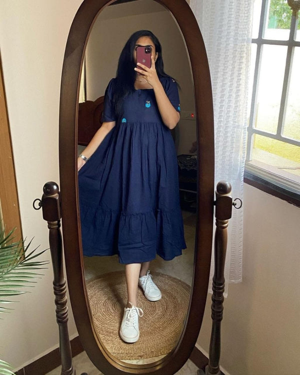 Women Blue Cotton Middi Gown