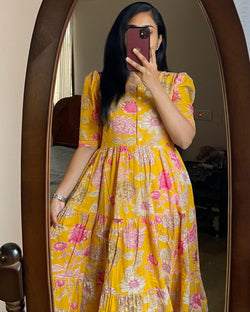 Women Yellow Floral Cotton Middi Gown