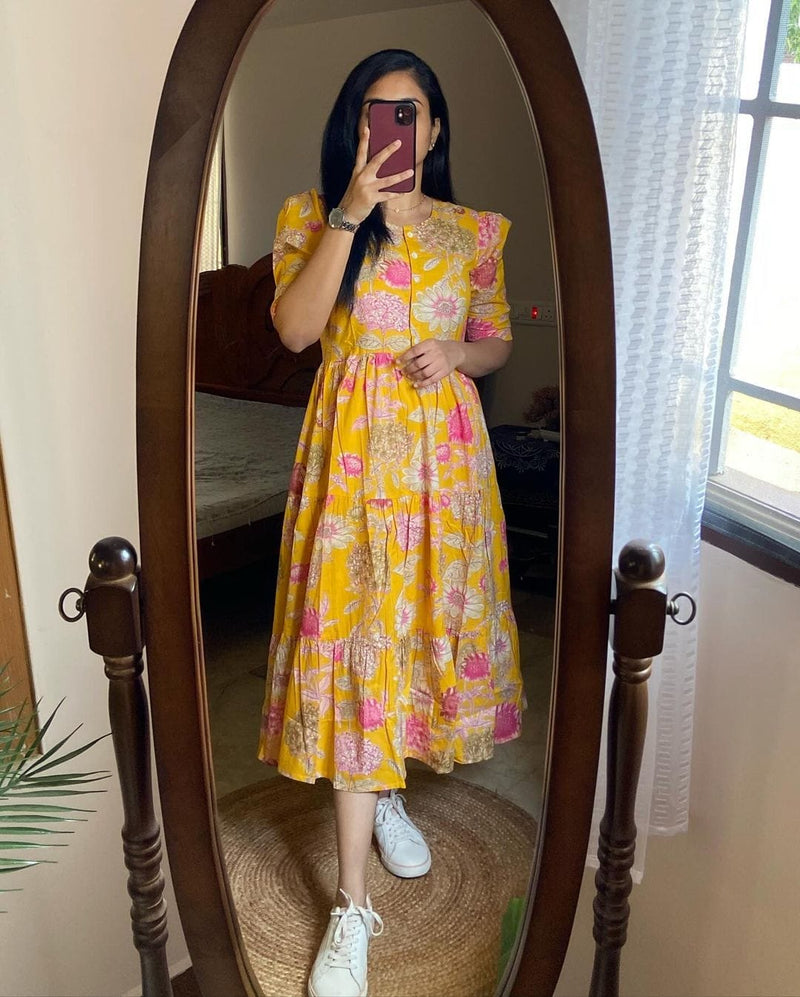 Women Yellow Floral Cotton Middi Gown