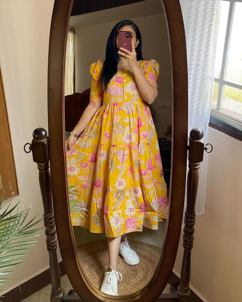 Women Yellow Floral Cotton Middi Gown