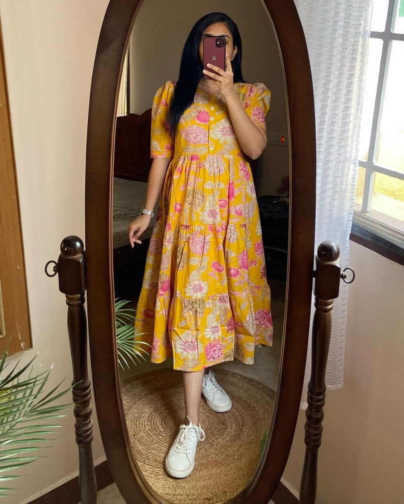 Women Yellow Floral Cotton Middi Gown