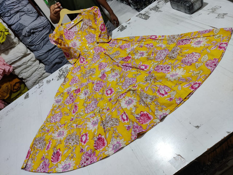 Women Yellow Floral Cotton Middi Gown