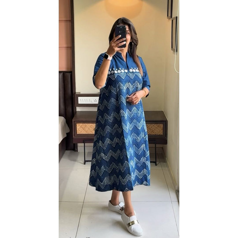 Women Blue Wave Cotton Middi Gown