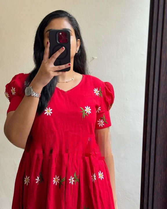 Women Red Cotton Embroidery Middi Gown