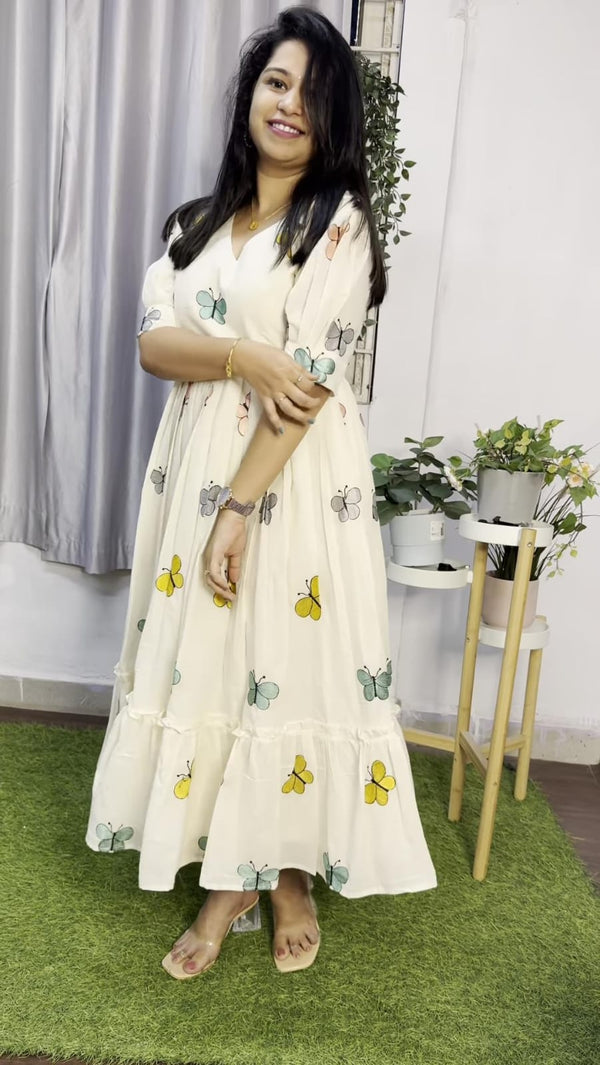 Women White Cotton Butterfly Embroidery Middi Gown