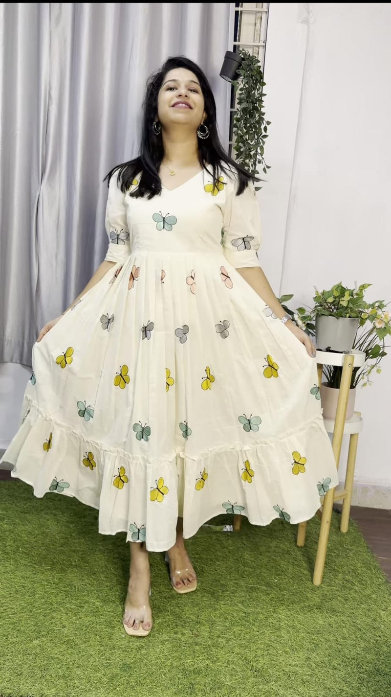 Women White Cotton Butterfly Embroidery Middi Gown