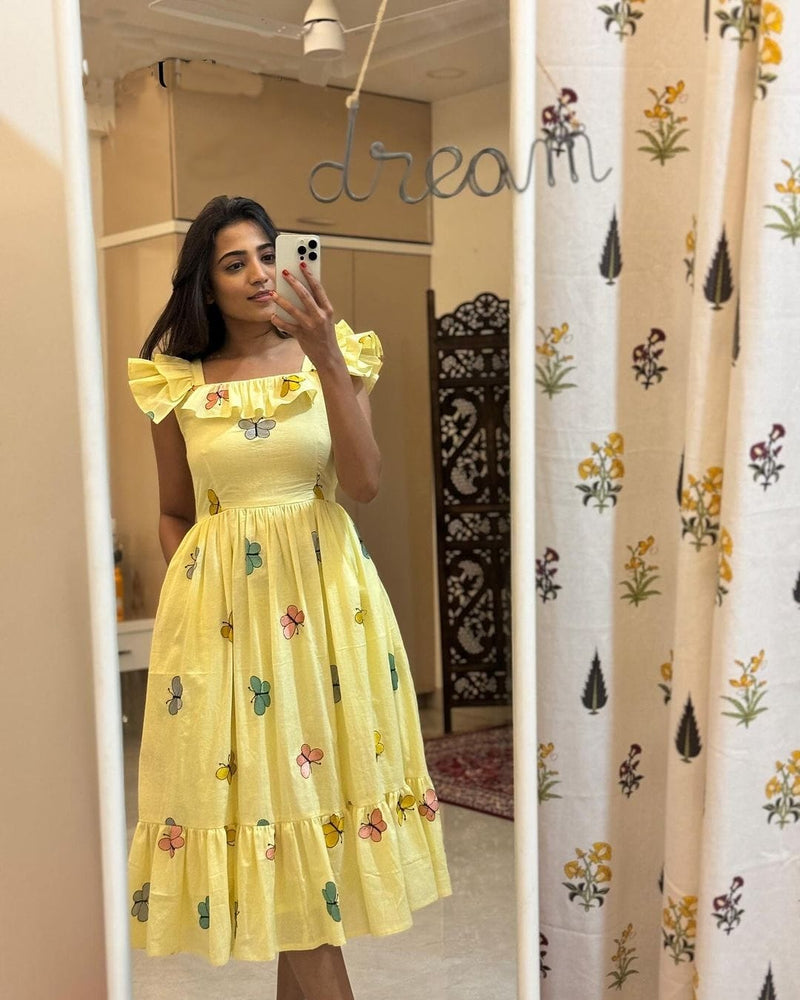 Women Yellow Cotton Embroidery Middi Gown