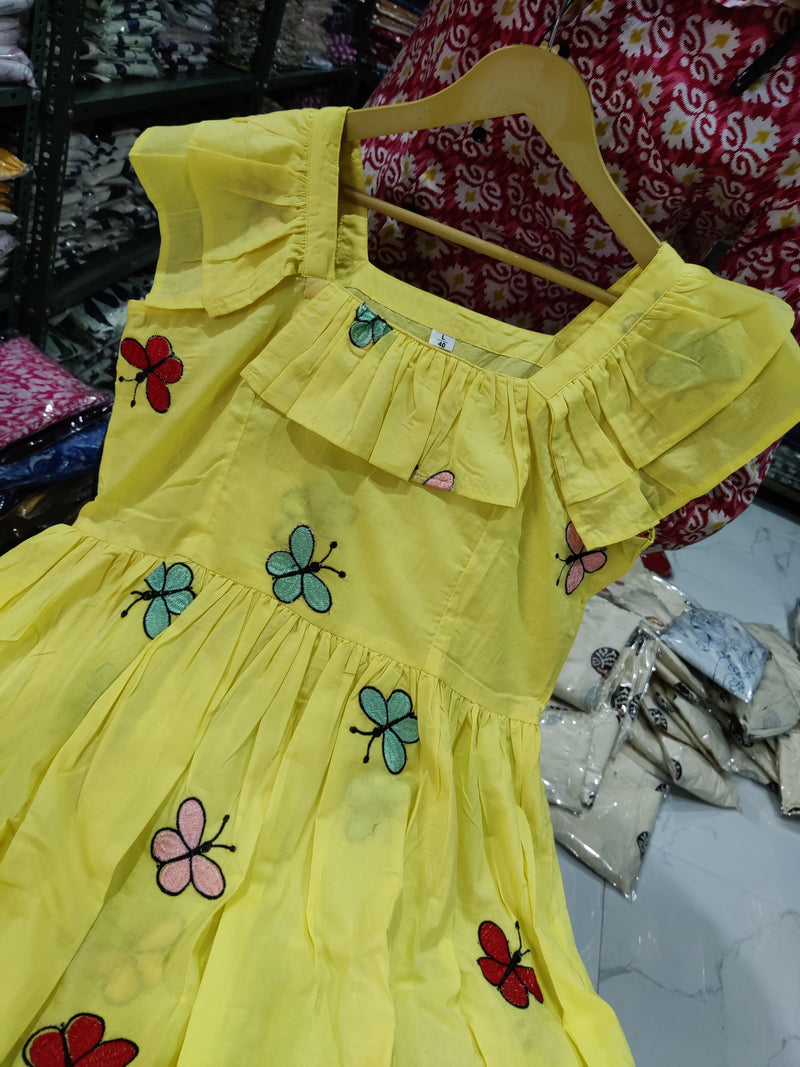 Women Yellow Cotton Embroidery Middi Gown