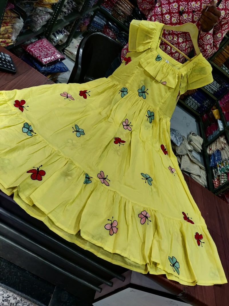 Women Yellow Cotton Embroidery Middi Gown