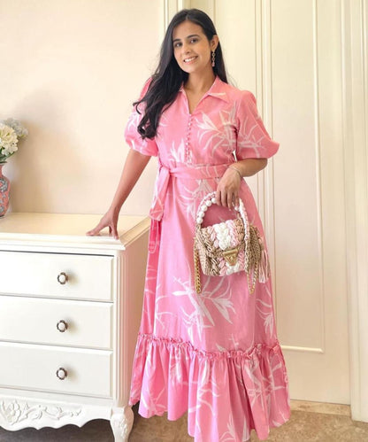 Women Cotton Baby Pink Middy Gown