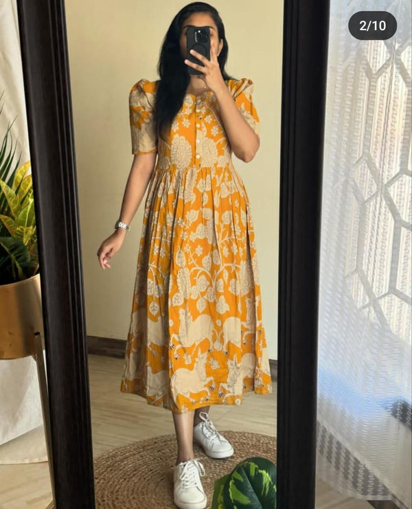 yellow ikkat print Middy Gown