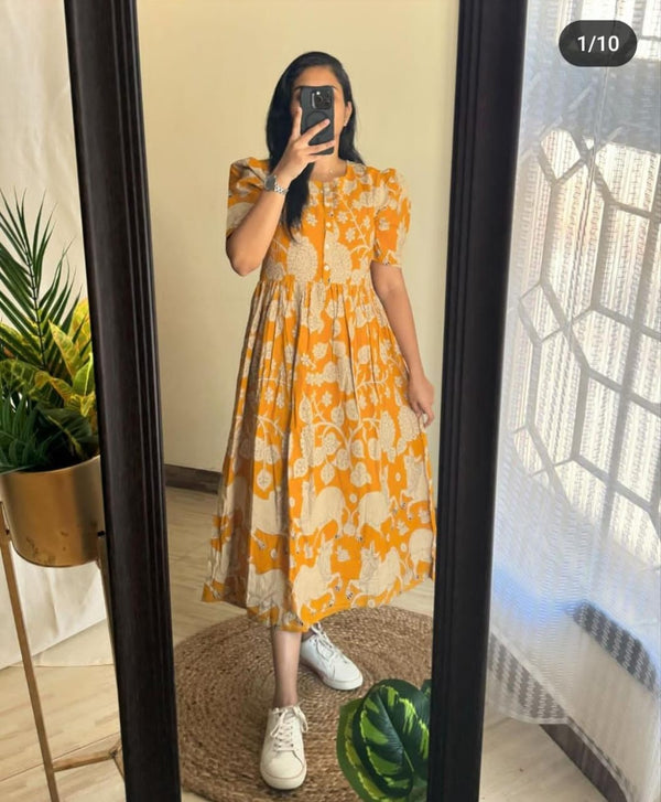 yellow ikkat print Middy Gown