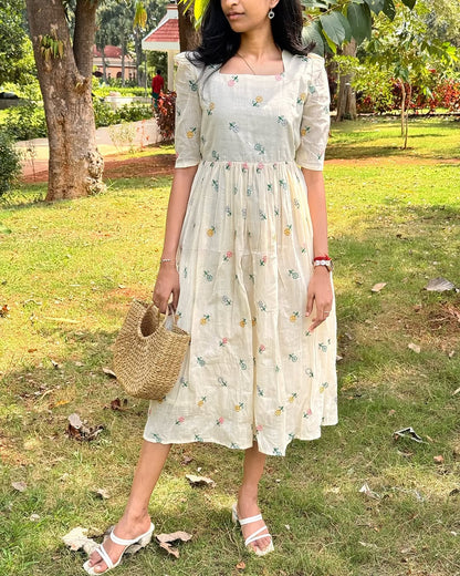 Women Off-White Cotton Zenia Embroidery Middi Gown