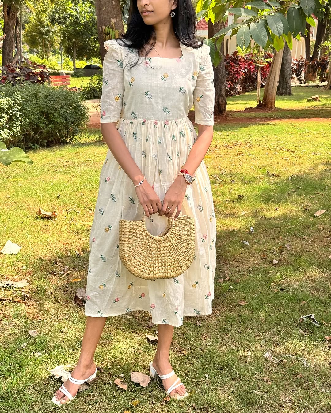 Women Off-White Cotton Zenia Embroidery Middi Gown