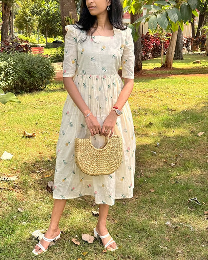 Women Off-White Cotton Zenia Embroidery Middi Gown