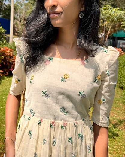 Women Off-White Cotton Zenia Embroidery Middi Gown