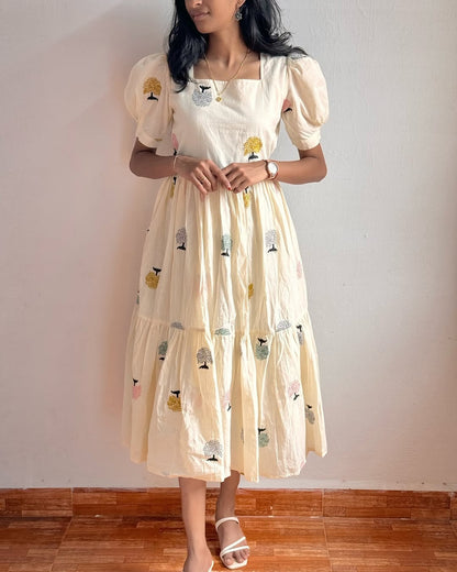Women Off-White Cotton Bush Embroidery Middi Gown