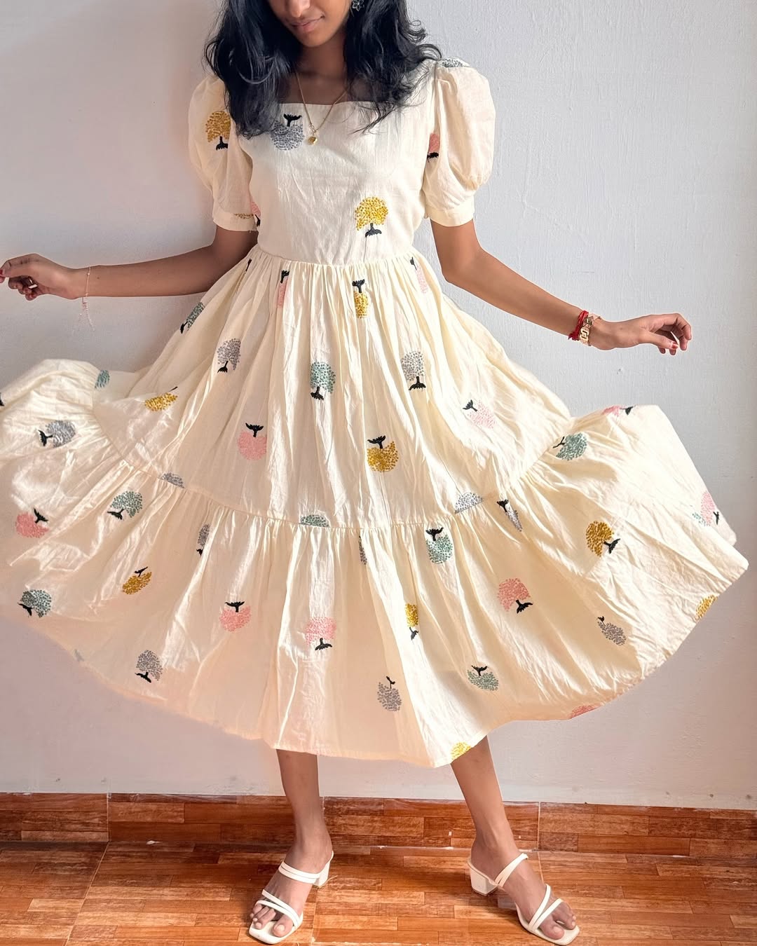 Women Off-White Cotton Bush Embroidery Middi Gown