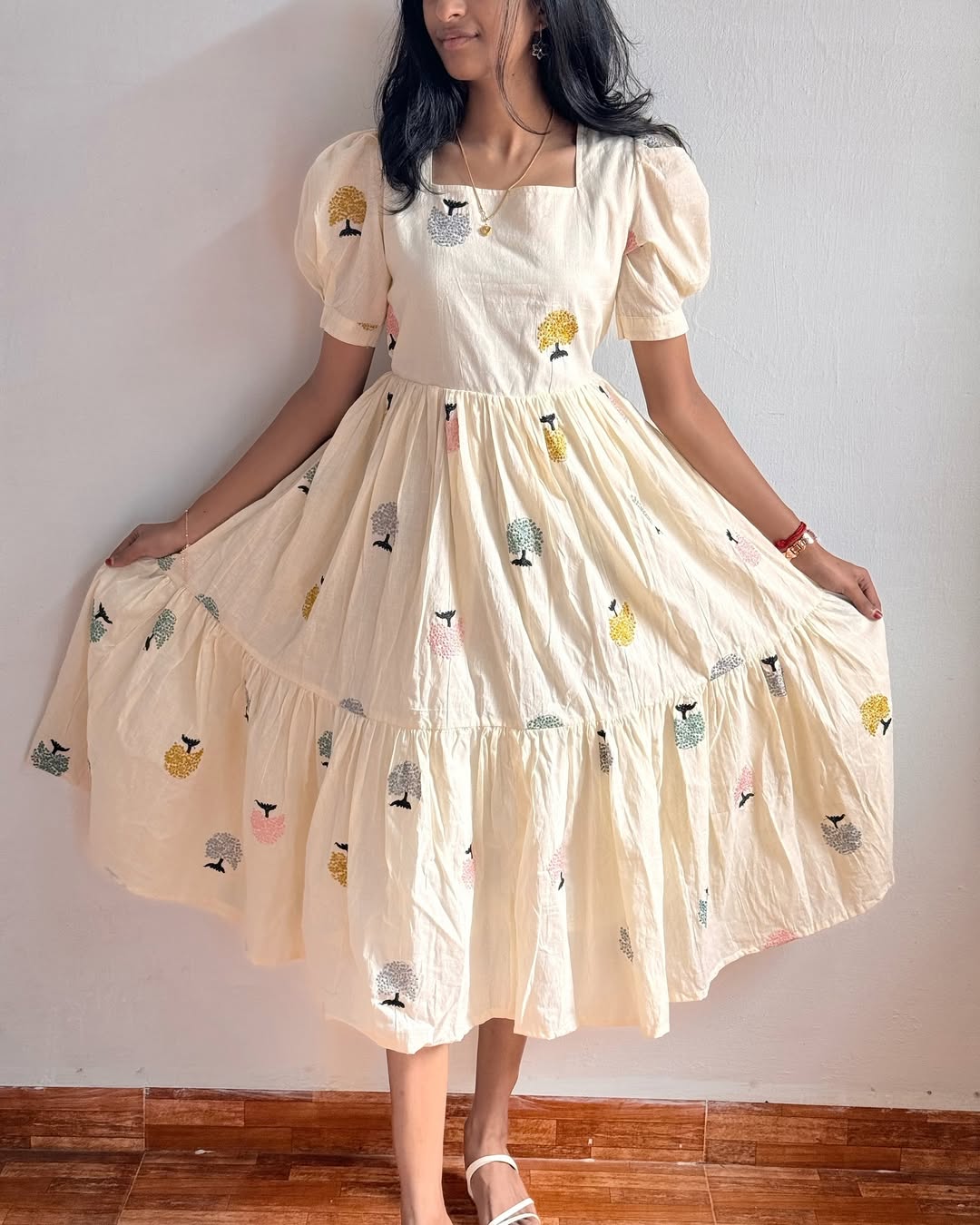 Women Off-White Cotton Bush Embroidery Middi Gown