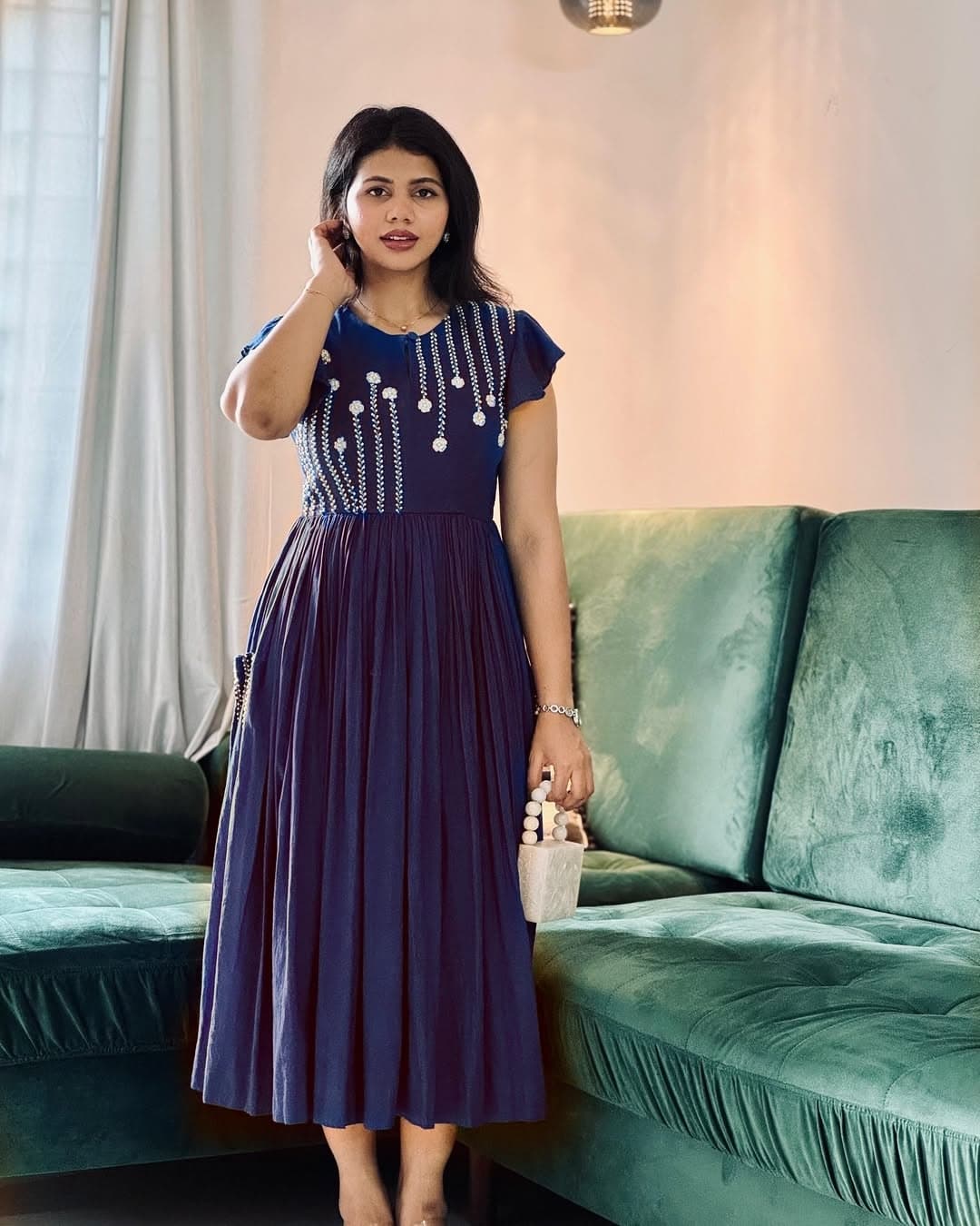 Women Navy Blue Cotton Embroidery Middi Gown