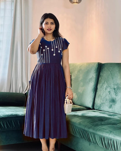 Women Navy Blue Cotton Embroidery Middi Gown