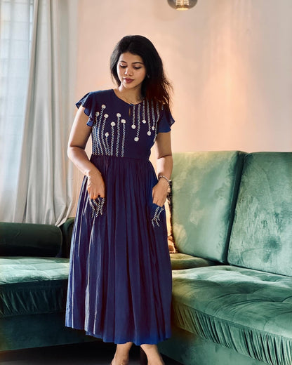 Women Navy Blue Cotton Embroidery Middi Gown