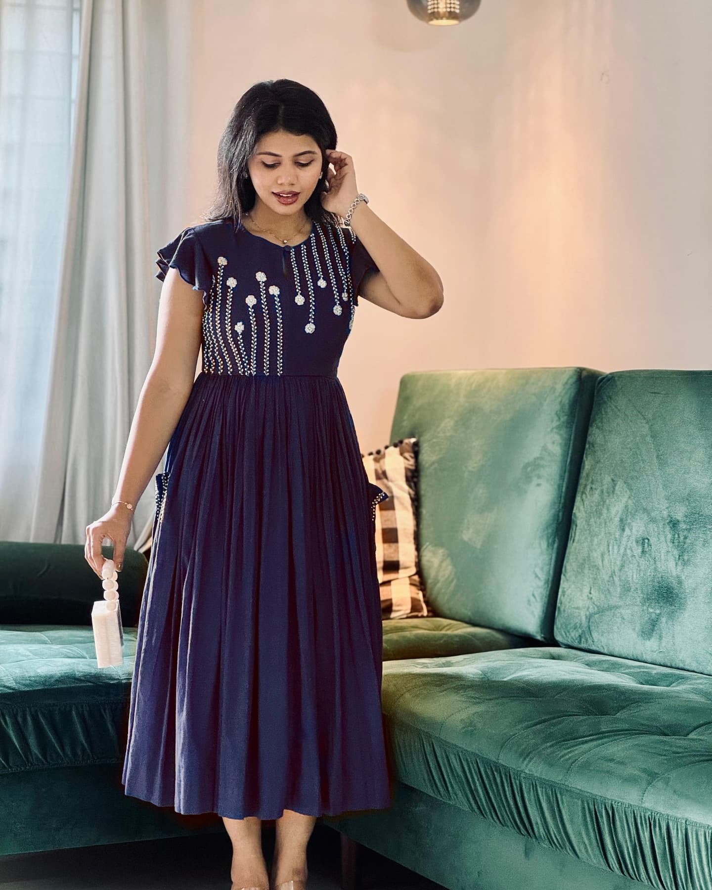 Women Navy Blue Cotton Embroidery Middi Gown