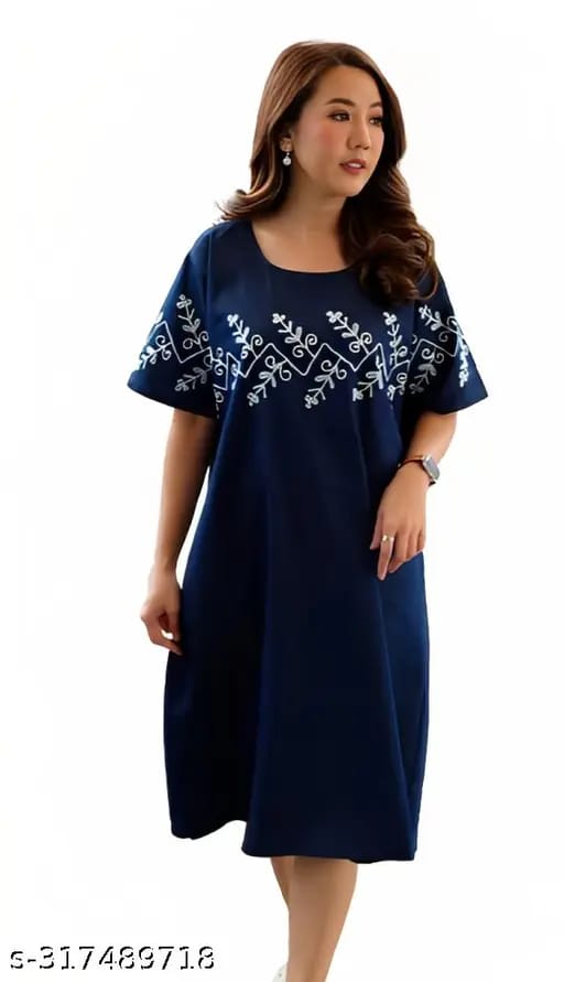 Women Blue Cotton Embroidery Front Middi Gown